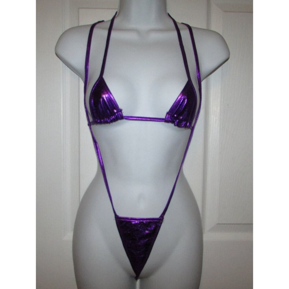 Purple Metallic Micro Strappy String Thong Bikini - NEW